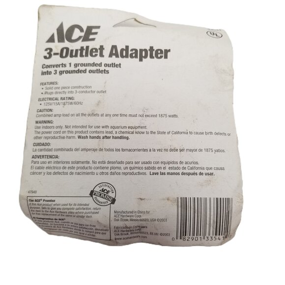 ACE 3 Outlet Adapter Grounded Wall Tap Beige Indoor Electrical Hardware Home - Picture 2 of 2